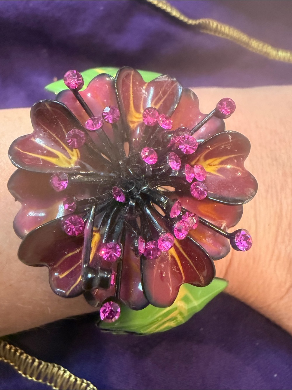 VTG Floral Hot Pink Crystal Statement Cuff Bracelet - Women Jewelry